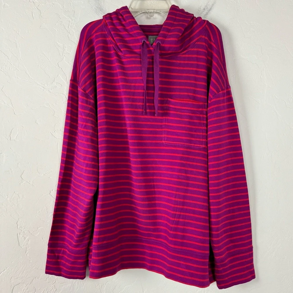 Gap Hoodie Cloud Light Pullover Sweatshirt Knit Striped Purple Red Jersey Fabric - Picture 1 of 8